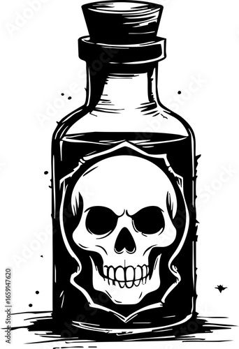 Dangerous elixirs poison bottle with skull symbol graphic art mysterious setting close-up view cautionary