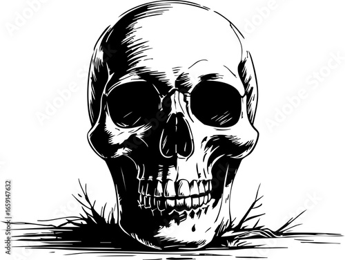 Grim discovery skull unearthed in an abandoned location graphic eerie environment close-up perspective