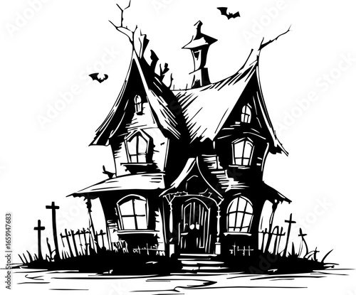 Eerie abandoned house with gravestones spooky landscape graphic dark atmosphere creepy viewpoint haunted
