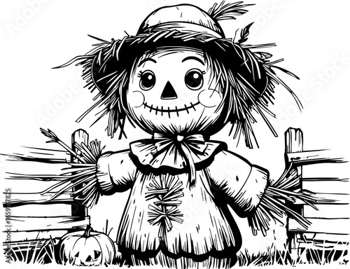 Harvest festival scarecrow display farm field art rural environment front view autumn theme for seasonal decor