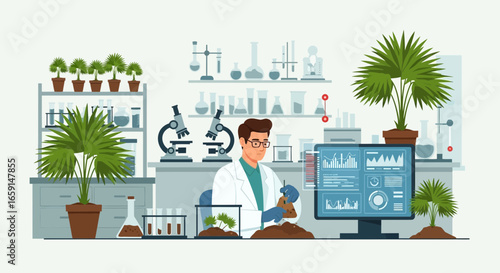 Botanical Research: Scientist analyzing plant growth data in laboratory