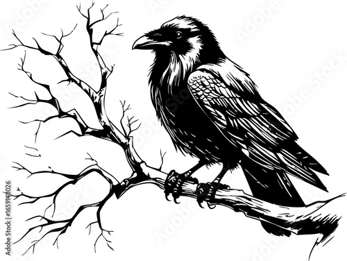 Elegant raven perched on a branch artistic interpretation nature scene black and white close-up perspective mystique and symbolism