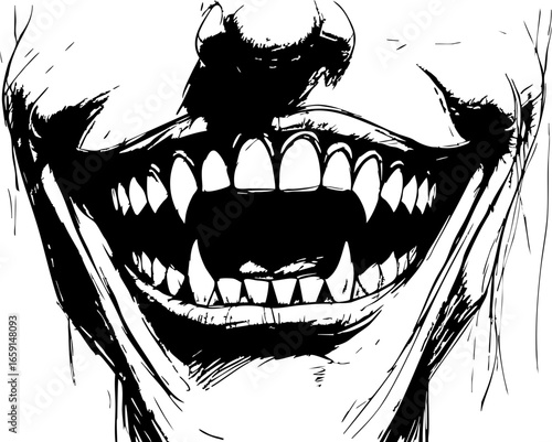 Horrific graphic of a grinning monster digital art nightmarish environment close-up viewpoint horror