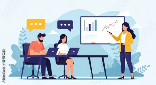 A woman presents a business growth chart to her colleagues during a meeting in a modern office setting