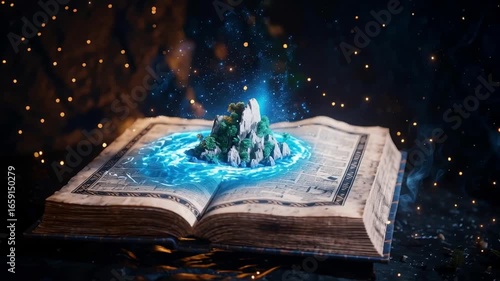 A magical storm revealing a floating island on an ancient map