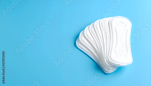 A pack of sanitary pads elegantly presented against a matte sky blue background
