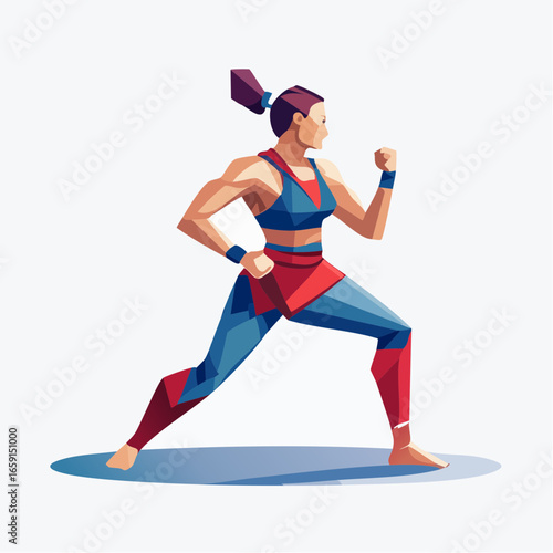 Geometric illustration of a powerful woman wrestler in a dynamic pose, low-poly style with sharp angular facets and bold colors
