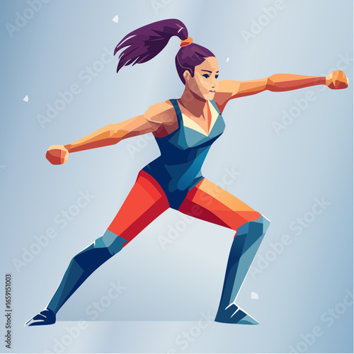 Dynamic female wrestler executing a powerful move in a striking low-polygon geometric art style with vibrant red and blue accents