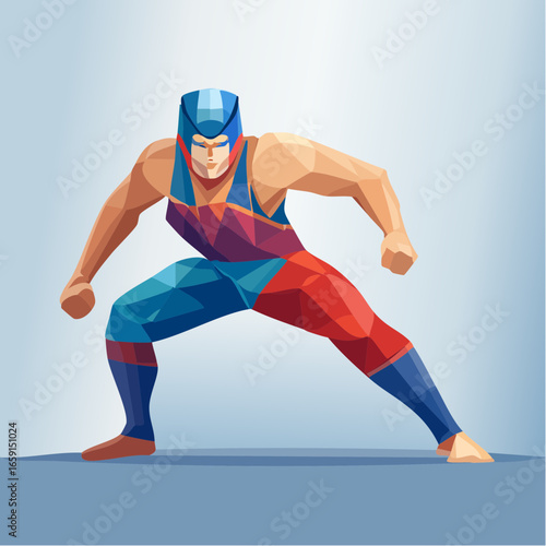 Geometric Wrestling Champion in Dynamic Pose Low-Poly Artistry in Bold Red and Blue