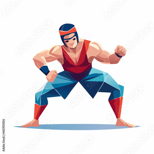 Dynamic geometric wrestler in an aggressive action pose, rendered in a striking low-polygon style with sharp angular facets and bold athletic colors