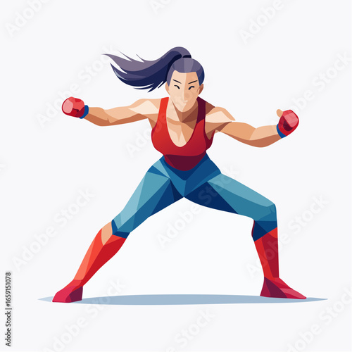 Low-polygon geometric style wrestler in action, sharp angular facets, bold red and blue attire