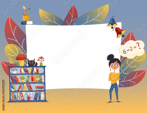 Vector frame with teacher, bookcase, cat, bells and large leaves. Blank center for text. Suitable for school posters, lesson plans, announcements and kids designs