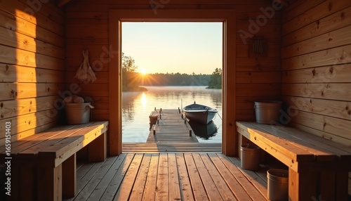 Traditional wooden sauna hut offers serene lakeside views with small boat docked at wooden pier. Warm sunlight streams in, creating peaceful atmosphere. Idyllic Finnish countryside scene evokes