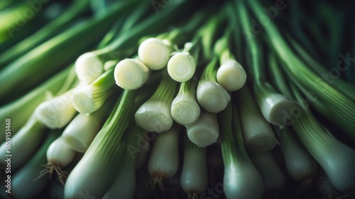 Fresh spring onions isolated on a white background, neatly arranged with green leaves and white bulbs clearly visible