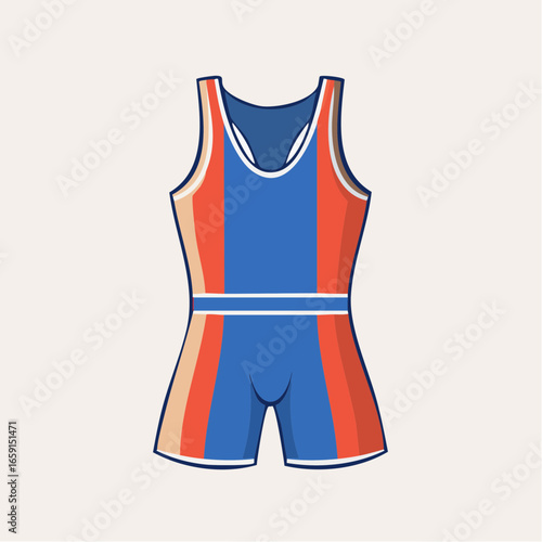 Minimalist vector illustration of a wrestling singlet, an iconic one-piece athletic uniform with red, blue, and tan stripes, perfect for sports design and graphic projects