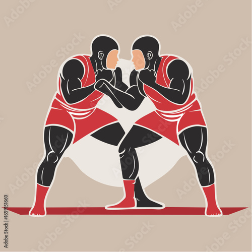 Two wrestlers in a symmetrical combat pose, a mirror image of each other in black and red