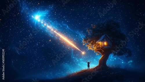 A child pointing at a meteor from a treehouse
