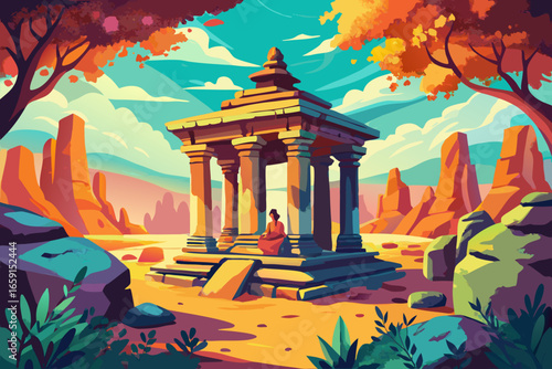 Serene ancient temple ruins bathed in warm desert light with a solitary figure meditating peacefully