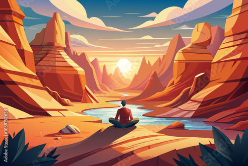 Lone figure finds inner peace meditating by serene desert river during breathtaking sunset