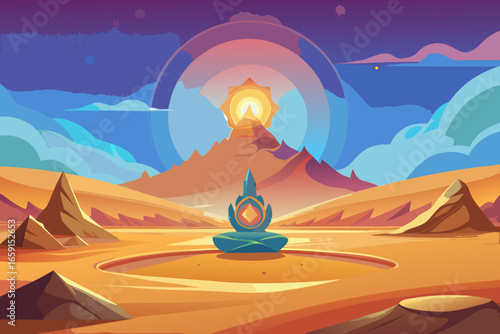 Serene desert landscape with meditative figure and radiant sun path creates spiritual journey
