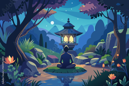Serene figure meditates under moonlit Japanese garden lantern, finding inner peace and tranquility
