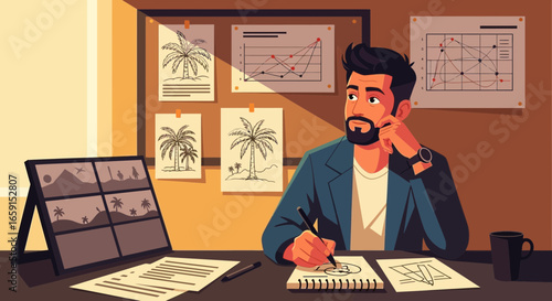 Creative illustrator contemplating tropical sketches in warm studio setting