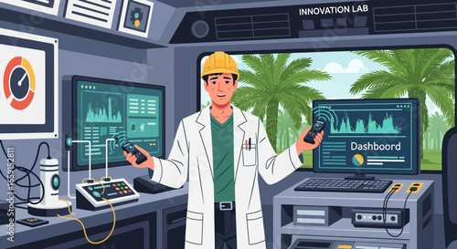 Engineer overseeing automated plantation growth with advanced technology