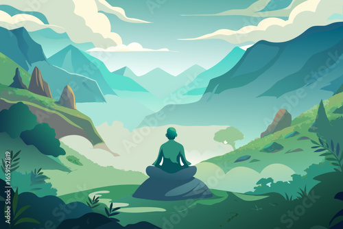 Peaceful meditator finds serenity atop mountain peak surrounded by misty, serene landscape.