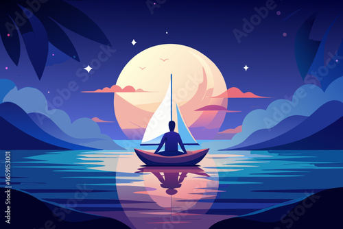 Serene sailboat journey under a full moon with tranquil waters and starry night sky