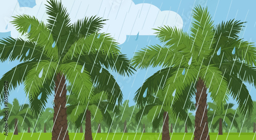 Palm trees under a heavy tropical rain with clouds on a blue sky backdrop