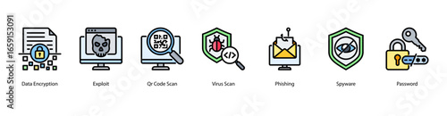 Data Fortress web banner icon vector illustration featuring Data Encryption, Exploit, QR Code Scan, Virus Scan, Phishing, Spyware, and Password.