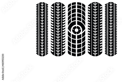 Black Tire Track Vector Collection Bold Wheel Tread Mark Icons Set