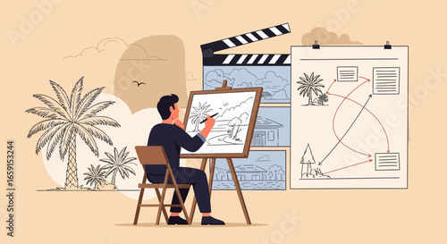 Conceptualizing film scenes: A storyboard artist crafting a tropical narrative