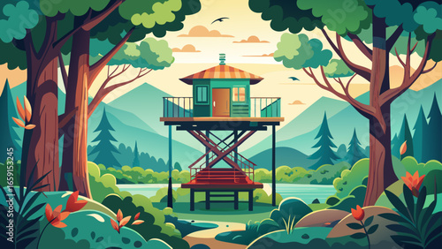 Vibrant forest lookout tower with mountain views, perfect for travel brochures and outdoor scenes