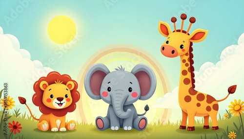 Cute Animals Smiling Happily Beneath Rainbow and Flying Airplanes
