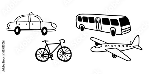 A collection of transportation vehicles including a taxi bus bicycle and airplane in black and white style