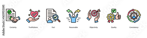 Truth Markers web banner icon vector illustration featuring Certainty, Truthfulness, Fact, Reasonable, Objectivity, Quality, and Consistency.