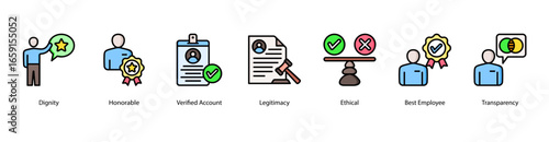 Ethical Traits web banner icon vector illustration featuring Dignity, Honorable, Verified Account, Legitimacy, Ethical, Best Employee, and Transparency.