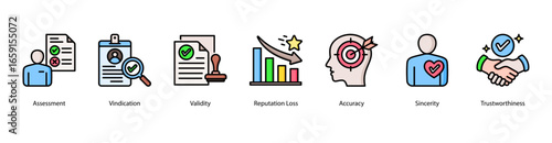 Truth and Review web banner icon vector illustration featuring Assessment, Vindication, Validity, Reputation Loss, Accuracy, Sincerity, and Trustworthiness.