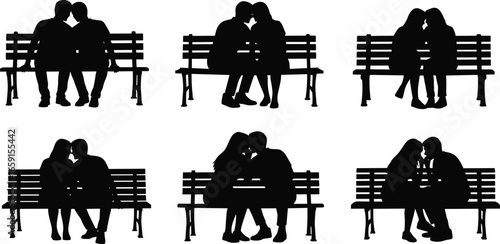 Silhouettes of romantic couples sitting on benches, kissing, embracing, love interaction, black isolated figures, relationship moments, affection, intimacy, bonding