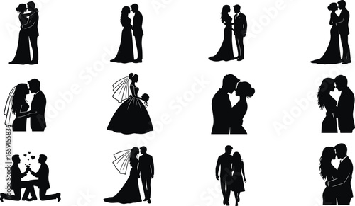 Silhouettes of romantic couples, wedding poses, love and affection, kissing, embracing, walking together, black isolated figures, relationship moments, emotional connection