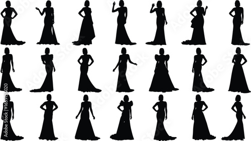 Silhouettes of women in elegant long dresses, fashion poses, black isolated figures, stylish gowns, formal wear, design reference, artistic inspiration