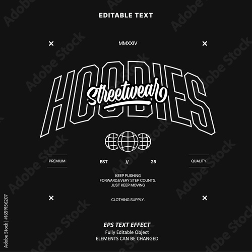 Editable Text Effect Vector of Black White Streetwear Utilitarian Minimalist College hoodie or t-shirt Design for Printing, garment, merchandise, apparel, small business, team