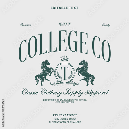 Editable Text Effect Vector of Green Classic Vintage College hoodie or t-shirt Design for Printing, garment, merchandise, apparel, small business, team