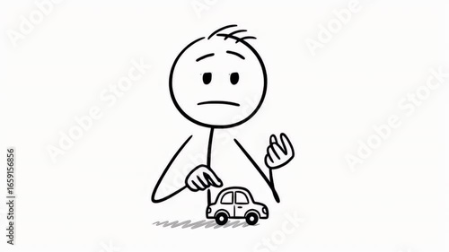 Animated Stick Figure Expressing Joy and Frustration While Playing With Toy Car on White Background Depicting Childhood Innocence and Nostalgia with Simple Cartoon Style Illustration