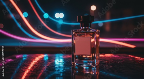 Elegant perfume bottle mockup on a reflective surface with vibrant futuristic neon light trails in a dark city night scene.
