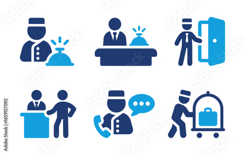 Concierge and hotel service icon set. Reception, bellboy, luggage, front desk and hospitality symbols for travel and accommodation. Solid vector icons collection.