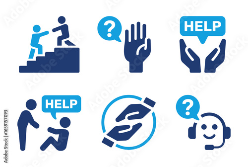 Help and support icon set. Assistance, guidance, question, customer service and aid symbols for communication and problem solving. Solid vector icons collection.