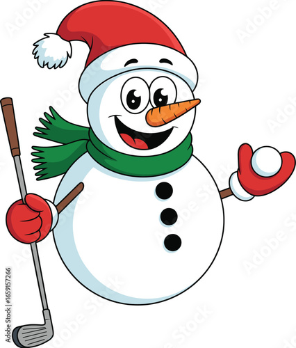 Cartoon snowman playing golf, festive winter character, holiday mascot, snowman with golf club, vector illustration, Christmas snowman, sporty snowman, snowball fun, Santa