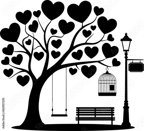 a large tree with many branches adorned with big heart-shaped leaves or frames